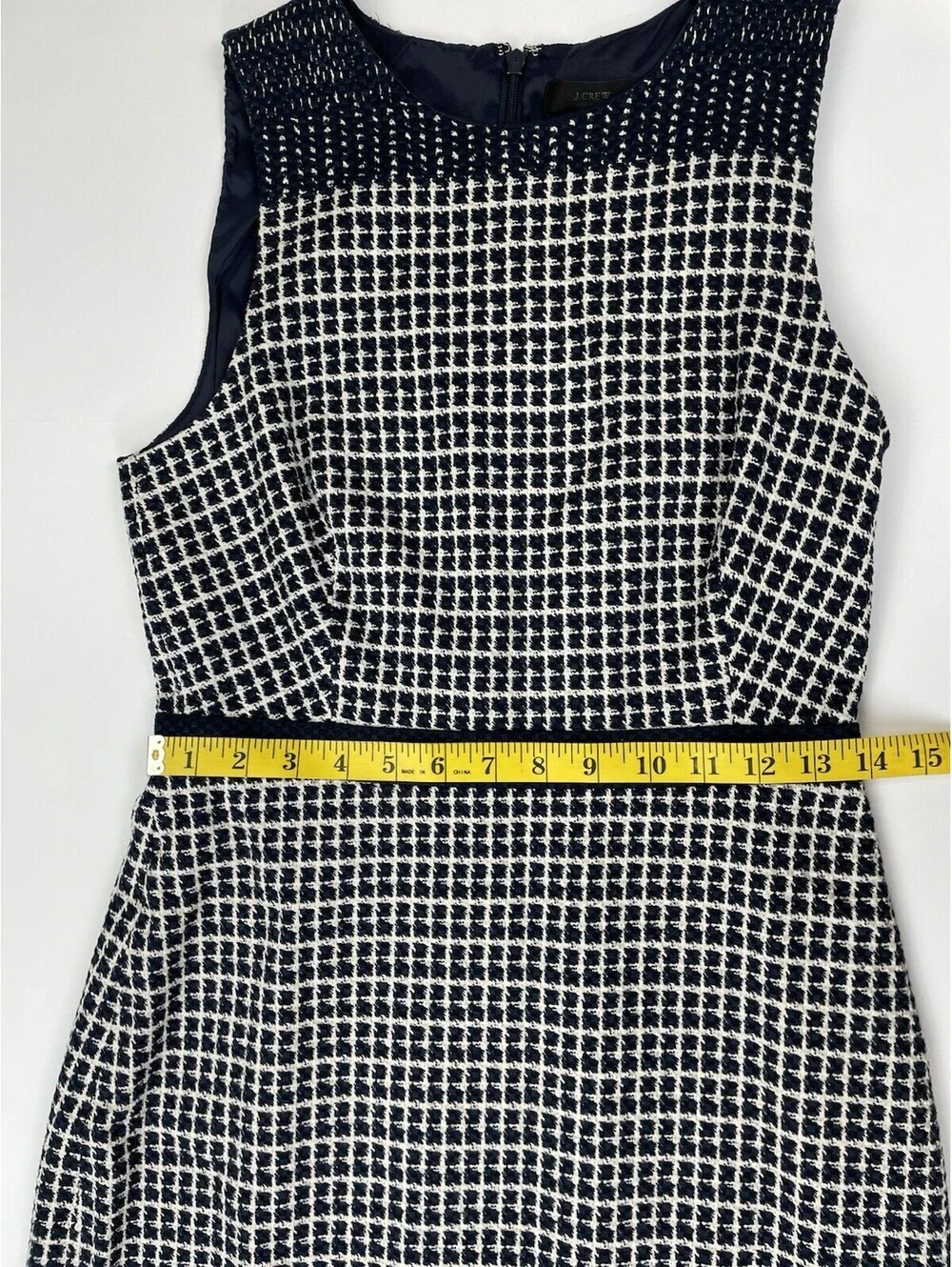 J. Crew Sleeveless Checkered Tweed Sheath Midi Dress Navy White Size  4